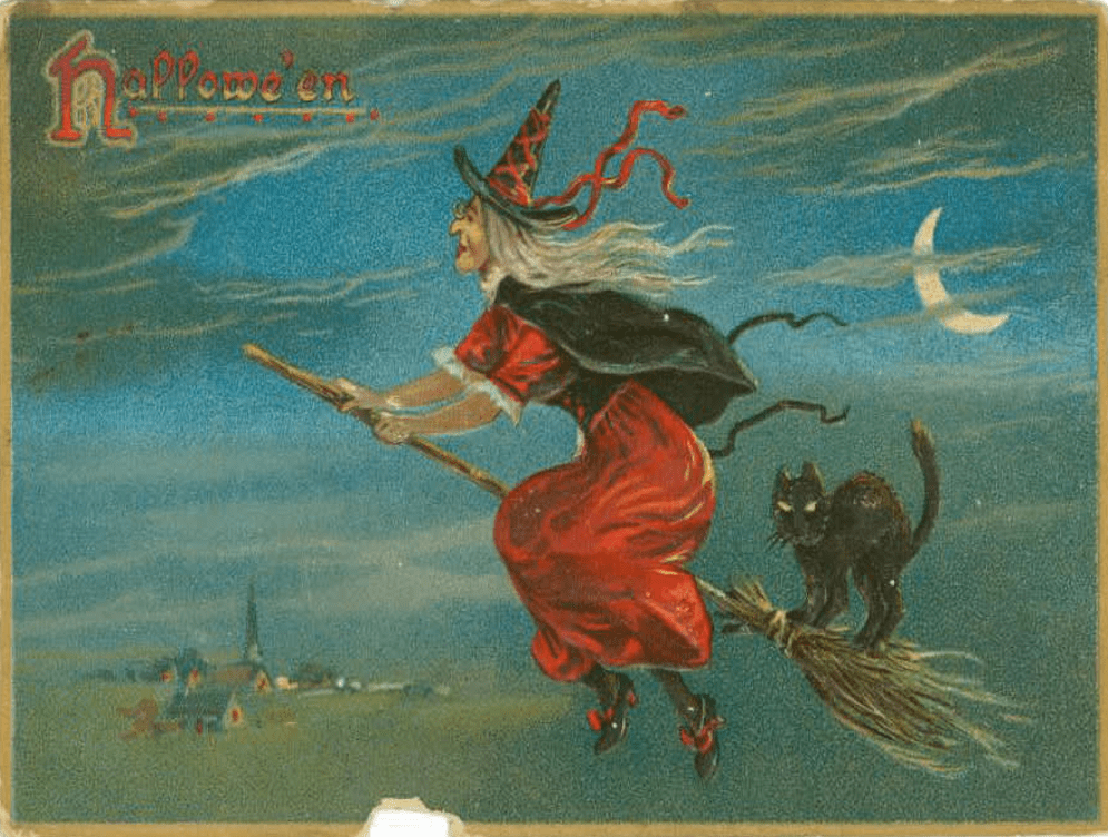 A witch on a broom with a black cat