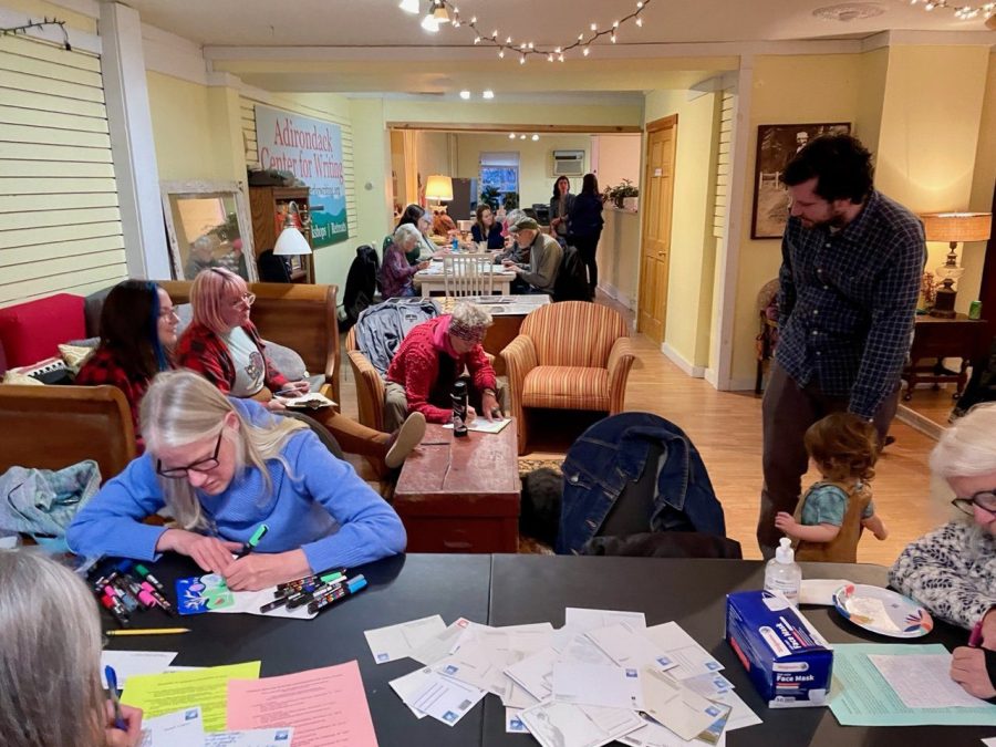 People concerned about Gaza gather at the Adirondack Center for Writing in Saranac Lake.