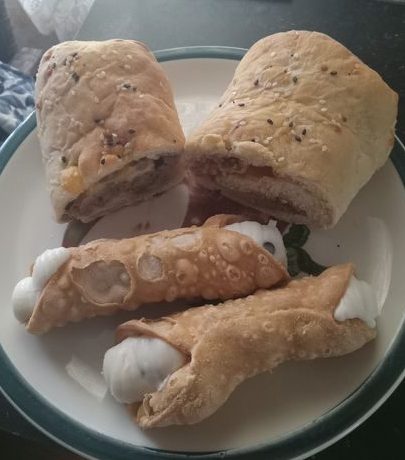 Stuffed bread and cannollis.